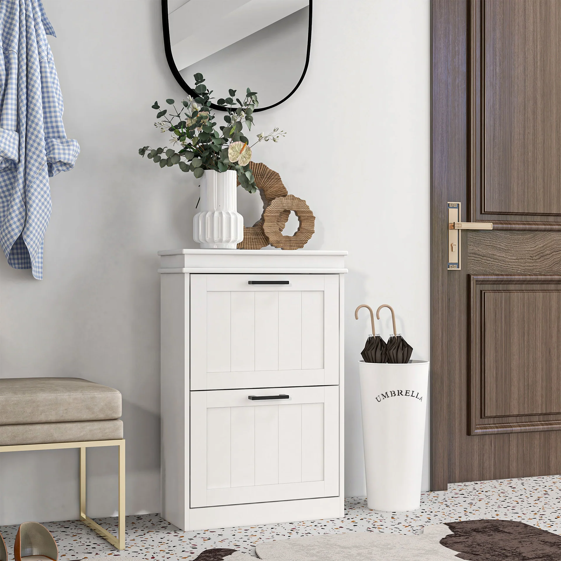 Two-Drawer Minimalistic Shoe Storage Cabinet, for 10 Shoes, White