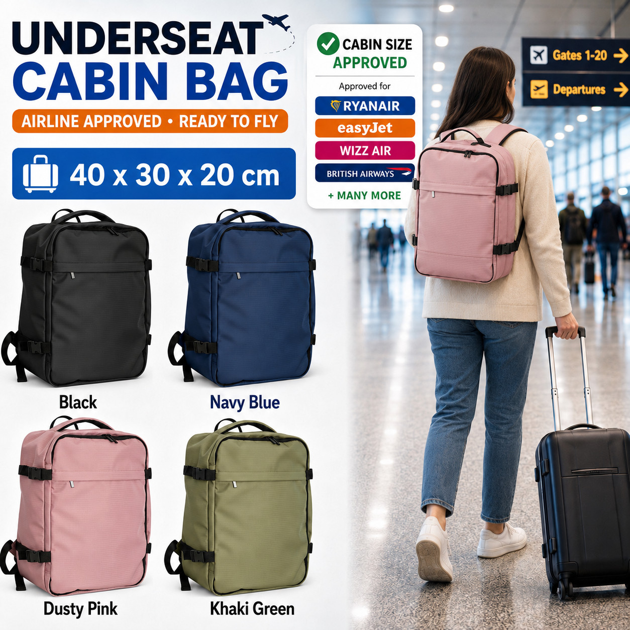 40x30x20cm Ryanair Approved Cabin Bag Underseat Hand Luggage Carry On Travel