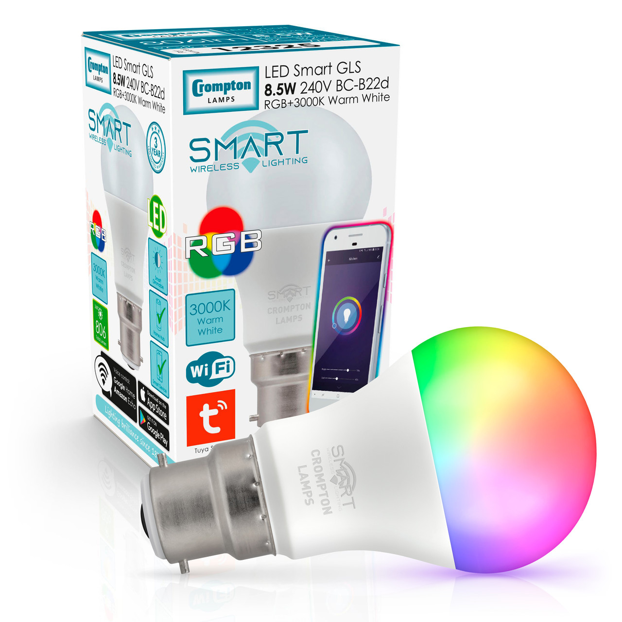 Crompton Lamps Crompton GLS LED Smart WiFi Light Bulb B22 8.5W Dim Warm White + RGB Opal Bayonet Coloured TUYA Colour Changing