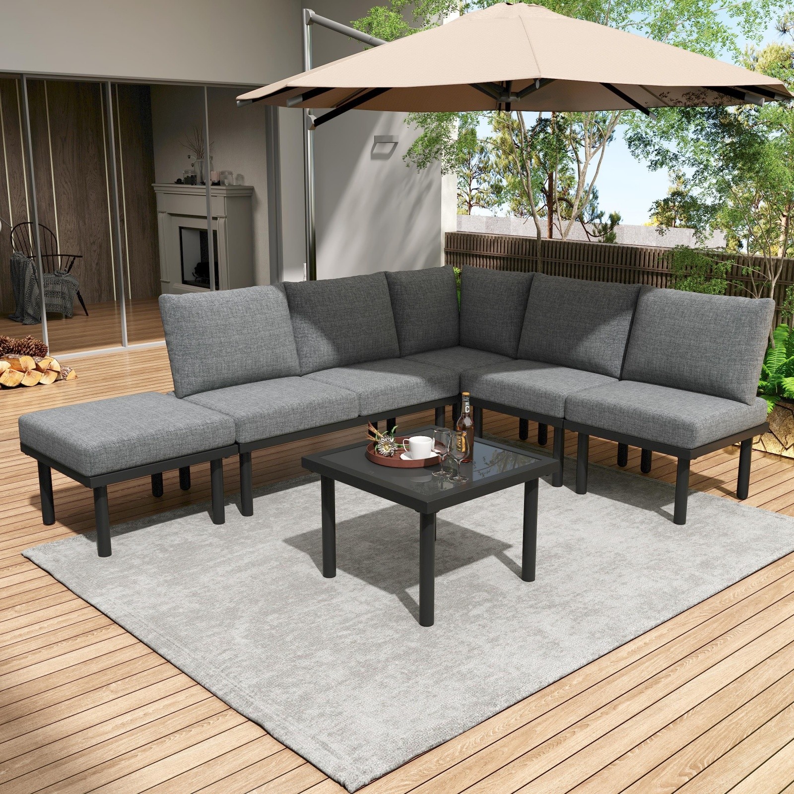 Garden Furniture Set with Coffee Table, Corner Sofa with Thick Cushions, Grey