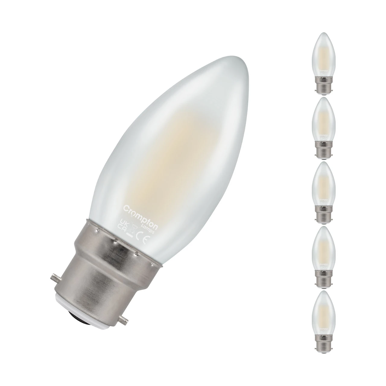 Crompton Lamps 5-Pack Crompton Candle LED Light Bulbs B22 4.2W (40W Eqv) Dim Warm White Pearl Filament Bayonet Frosted