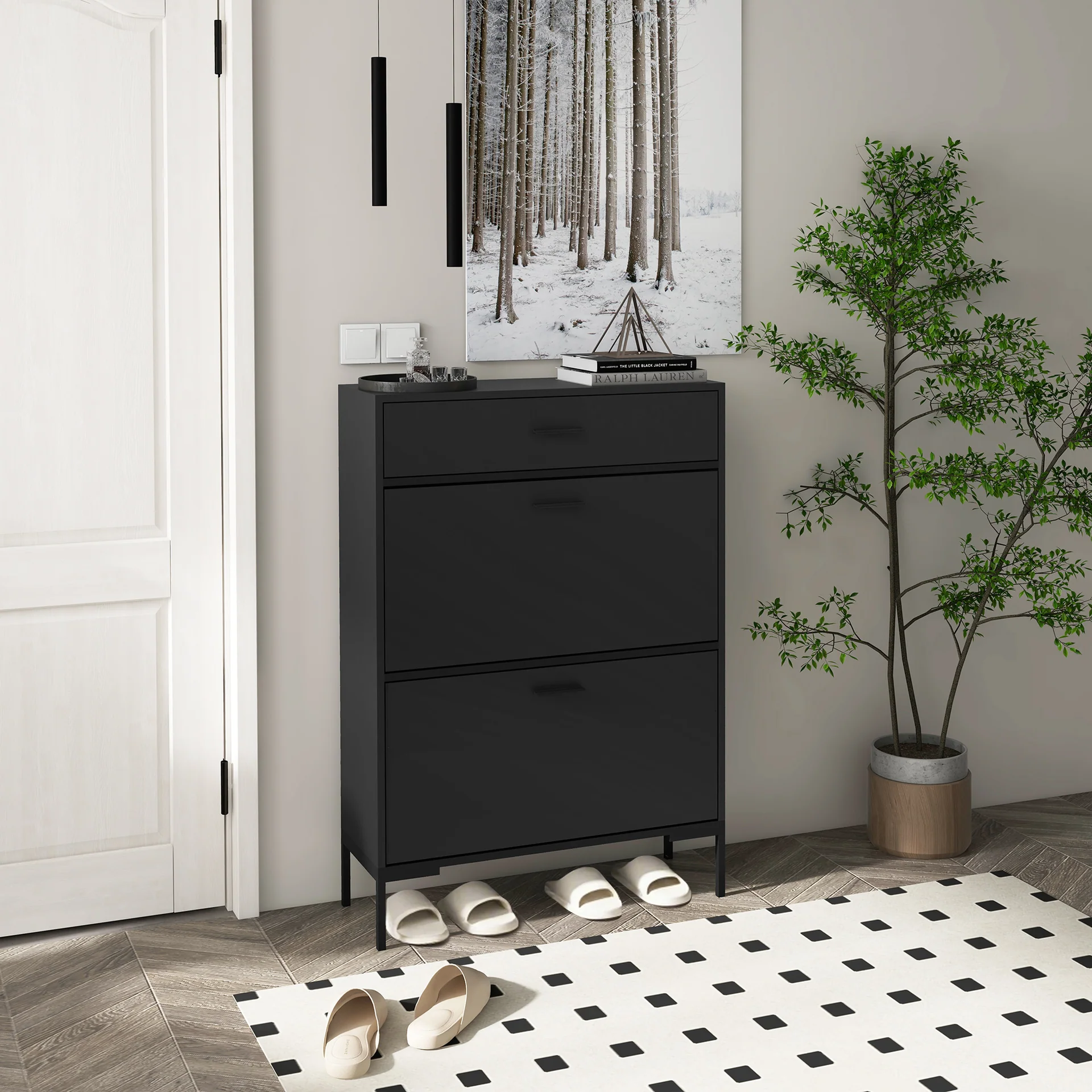 Three Drawer Slim Shoe Storage Cabinet, 12 Shoe Pairs - Black