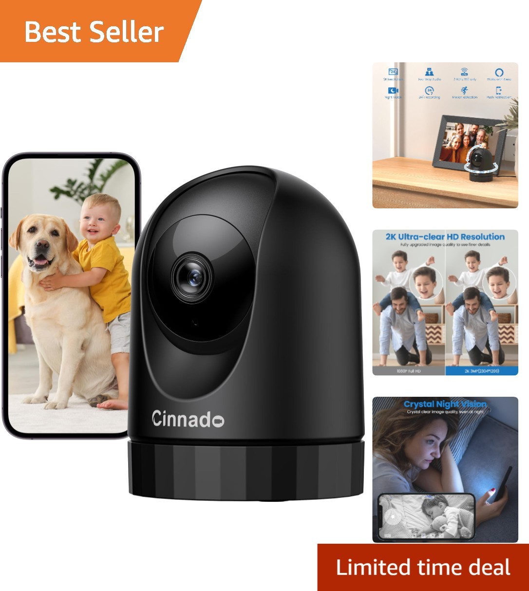 Smart 2K Indoor Security Camera with Motion Tracking & Pan/Tilt Features - Black