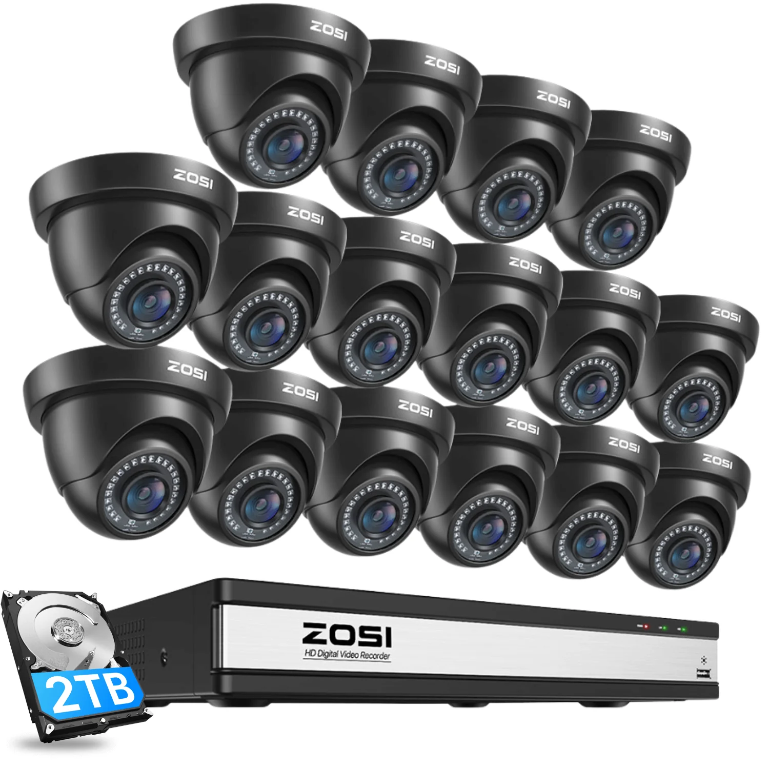 Zosi Official Store C419 1080P HD-TVI Security Camera System + 16 Channel DVR with 2TB/4TB Hard Drive, 2TB / 16 / Black