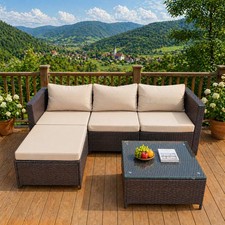 Rattan L-Shaped Corner Sofa Set 193cm Wide Garden Furniture with Ottoman & Table