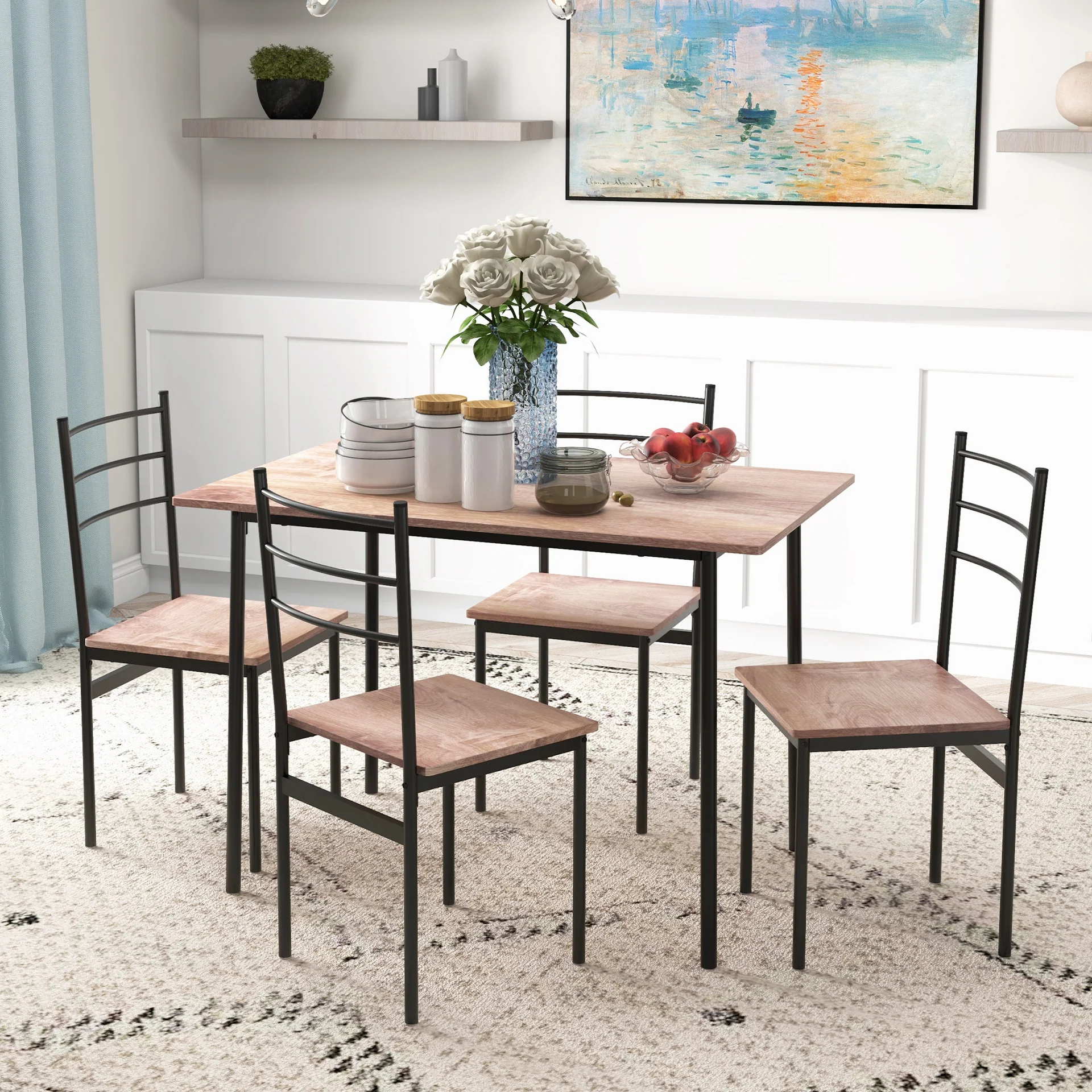 5 Piece Dining Table and Chairs Set, Dining Room Sets, Steel Frame Space Saving Table and 4 Chairs for Compact Kitchens, Black