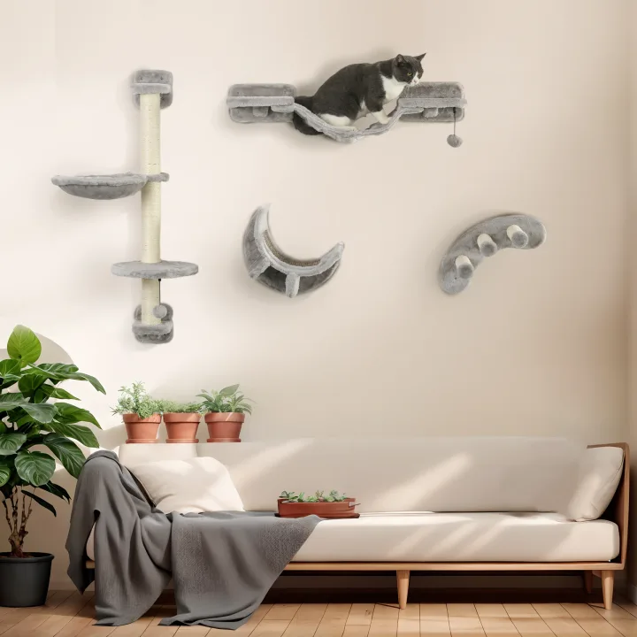 Four-Piece Cat Wall Furniture, with Hammock, Ladder, Platforms, Steps, for Indoor Use