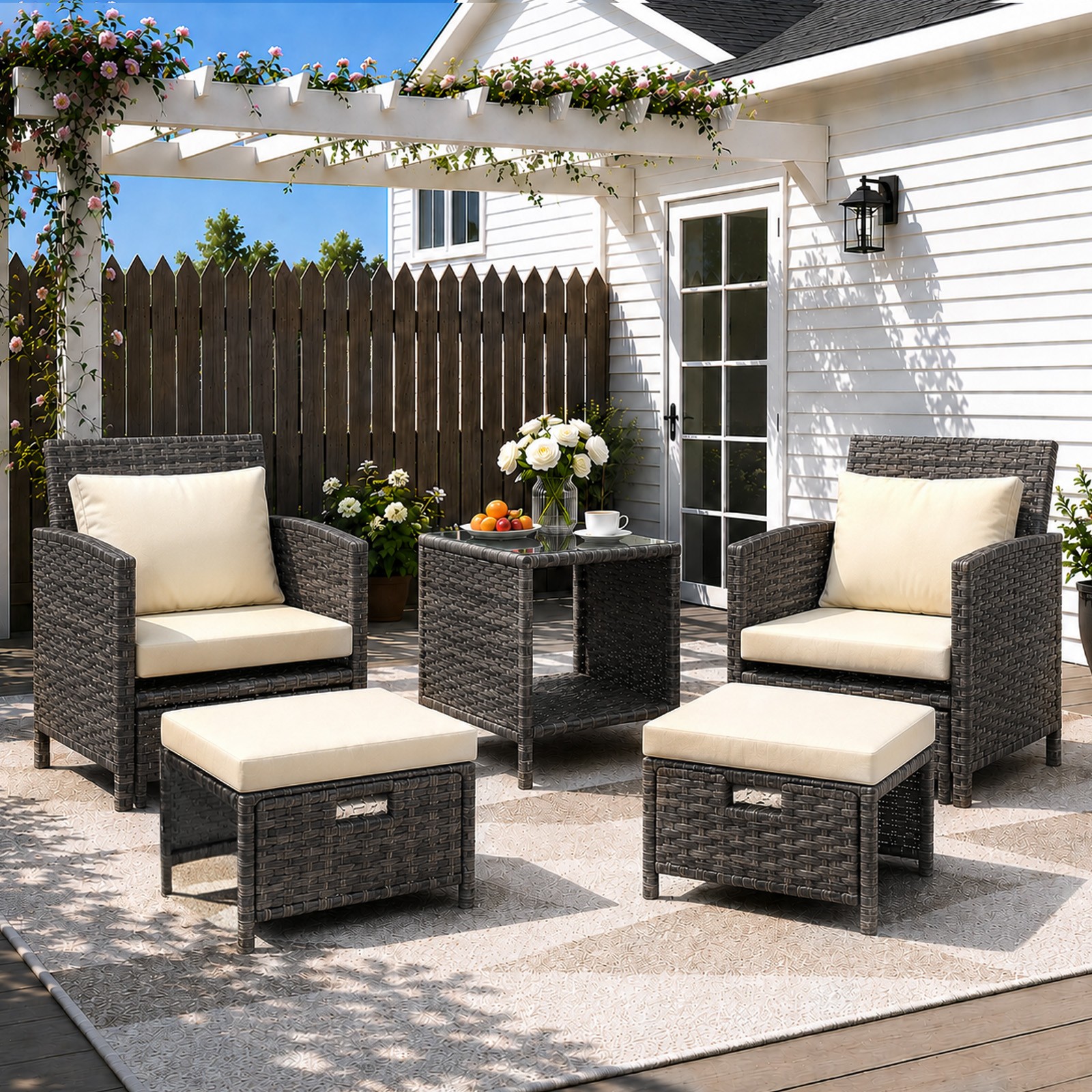5 Piece Rattan Garden Furniture Patio Sofa Chairs Table Outdoor Conservatory Set