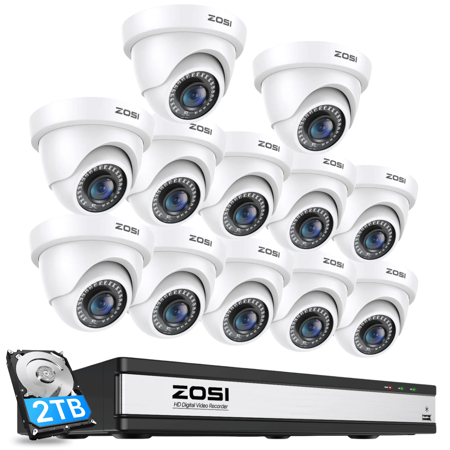 Zosi Official Store C419 1080P HD-TVI Security Camera System + 16 Channel DVR with 2TB/4TB Hard Drive, 2TB / 12 / White