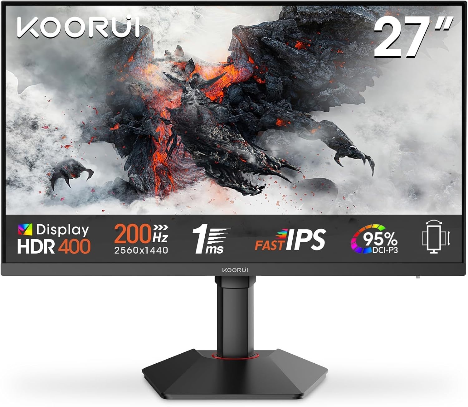 KOORUI 27 Inch Gaming Monitor, 200Hz, QHD 1440P, 1ms, Fast IPS