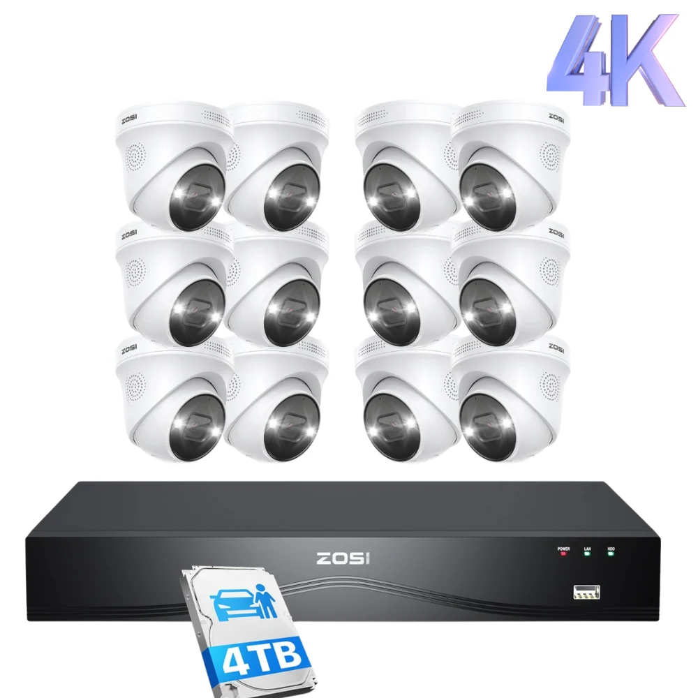 C225 4K 16 Channel PoE Security Camera System + Optional 2-Bay PoE NVR + 4TB Hard Drive, 12 / Black(Support up to 16TB)