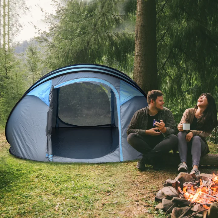 4 Person Pop-up Camping Tent Family Tent with Ground Sheet, 4 Windows and Portable Carry Bag for Beach Outdoor Trip, Sky Blue