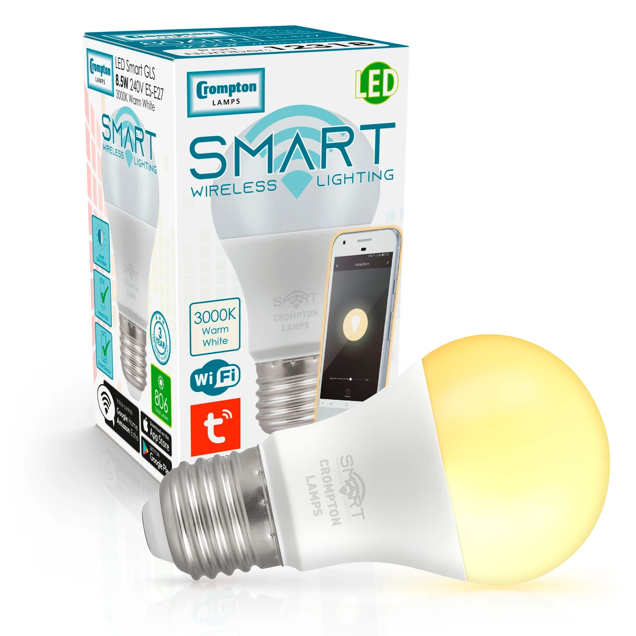Crompton Lamps Crompton GLS LED Smart WiFi Light Bulb E27 8.5W Dimmable Warm White Opal Screw Amazon Alexa TUYA