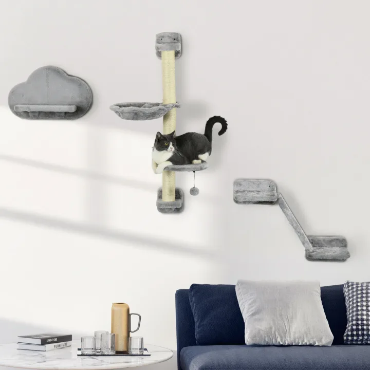 Three-Piece Wall-Mounted Cat Shelves, with Hammock, Ladder, Platforms, Scratching Post