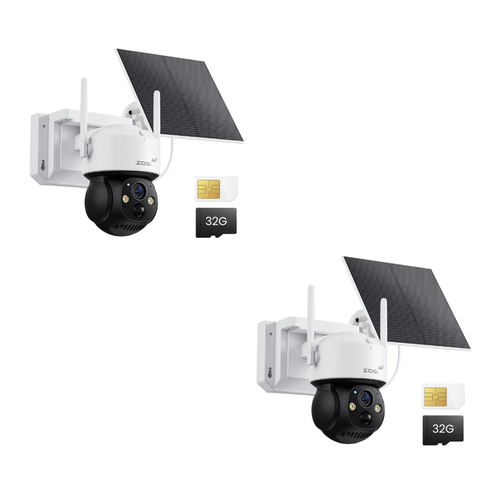 ZOSI UK Store C291 4G LTE 360° View battery solar PT camera + SIM card and 32GB Local Storage, 2pack