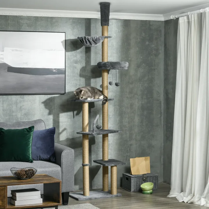 Floor to Ceiling Cat Tree for Indoor Cats, 6-Tier Play Tower Climbing Activity Center with Scratching Post, Platforms, Bed, Hammock, Adjustable Height 230-250cm