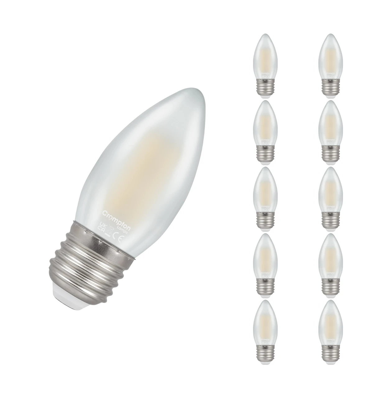 Crompton Lamps 10-Pack Crompton Candle LED Light Bulbs E27 4.2W (40W Eqv) Dim Warm White Pearl Filament Screw Frosted