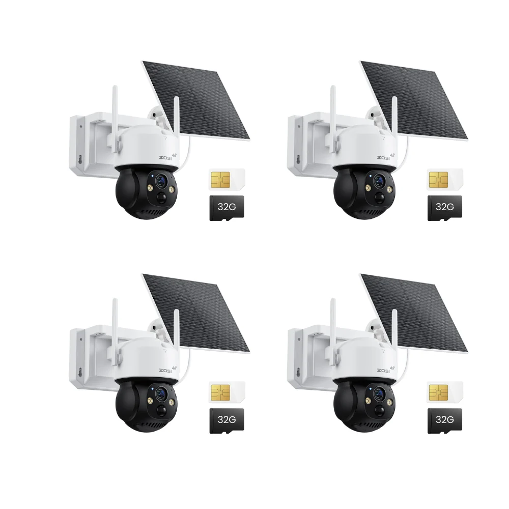 ZOSI UK Store C291 4G LTE 360° View battery solar PT camera + SIM card and 32GB Local Storage, 4pack