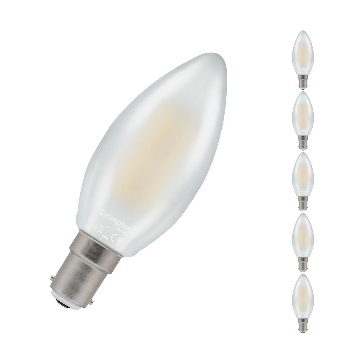Crompton Lamps 5-Pack Crompton Candle LED Light Bulbs B15 4.2W (40W Eqv) Dim Warm White Pearl Filament Small Bayonet Frosted