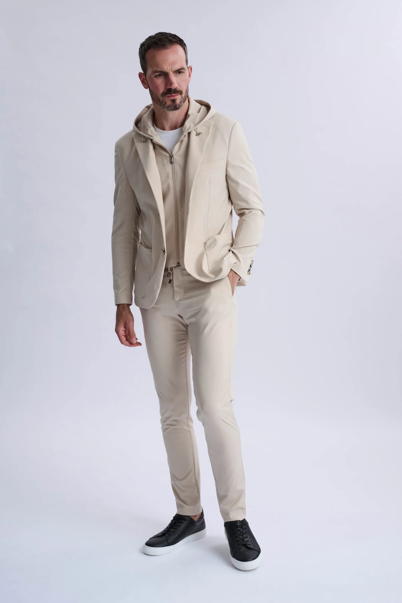 Rulli Beige 360 Stretch Technical Suit with Detachable Hood — 36R