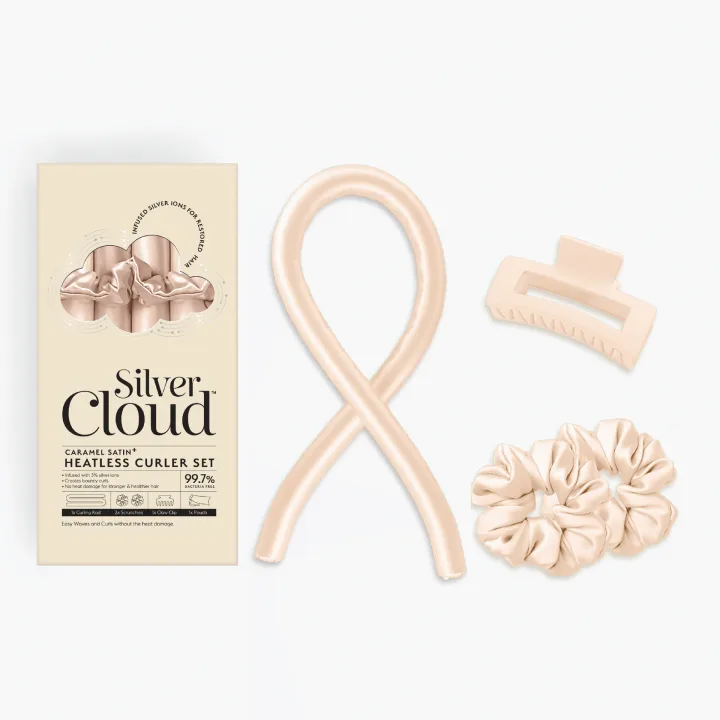 Silver Cloud Soft Satin Caramel Heatless Hair Curler Set