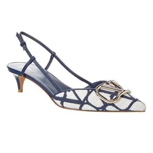 Valentino Garavani V logo Navy Blue and White Fabric and Leather Heeled Shoes