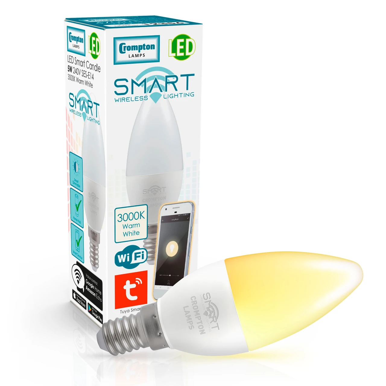 Crompton Lamps Crompton Candle LED Smart WiFi Light Bulb E14 5W Dim Warm White Opal Small Screw Amazon Alexa TUYA