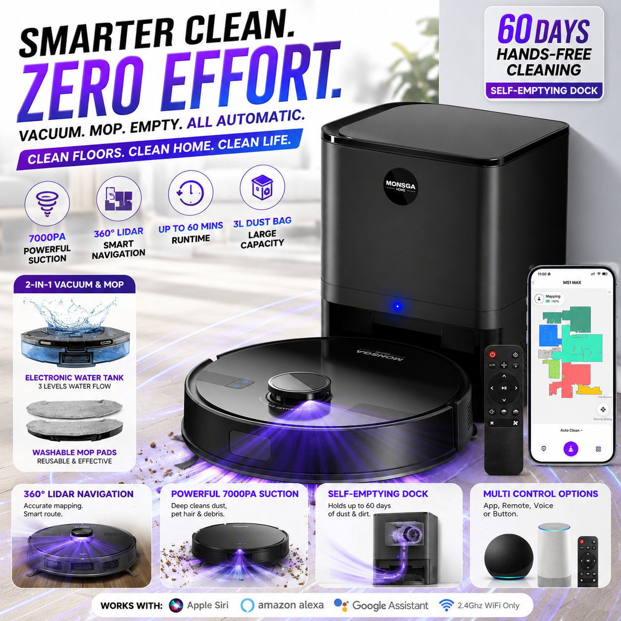 Robot Vacuum Mop 7000Pa LiDAR Self-Empty 3.5L 180Min App Control MS1MAX