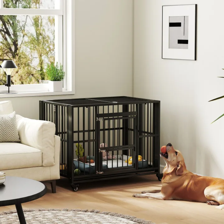 43" Heavy Duty Dog Crate, Foldable Dog Cage, with Openable Top, Locks, Removable Tray, Wheels