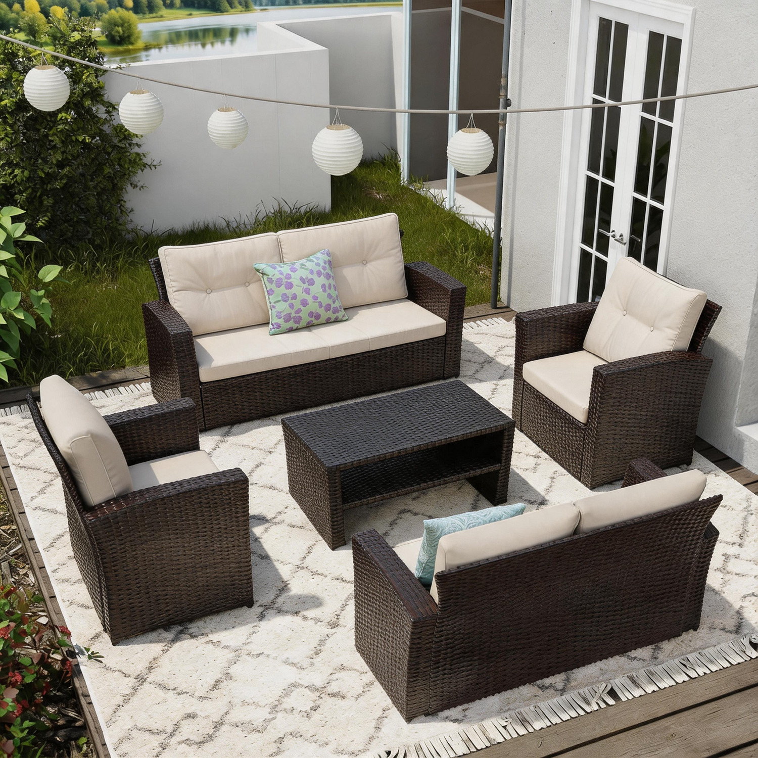 6 Seater Rattan Garden Furniture Set with Coffee Table, Loveseat Sofa, Armchair