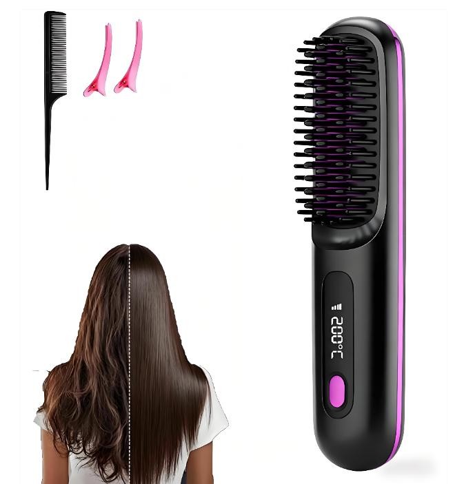 Cordless Hair Straightener Brush Portable Brush & Hot Comb Rechargeable 3 Modes