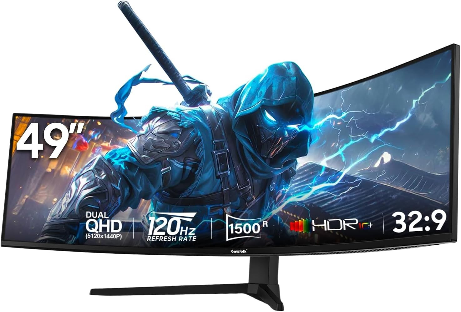 Gawfolk 49" Curved Gaming Monitor 5120x1440 Dual QHD 120Hz 1500R HDMI 2.1