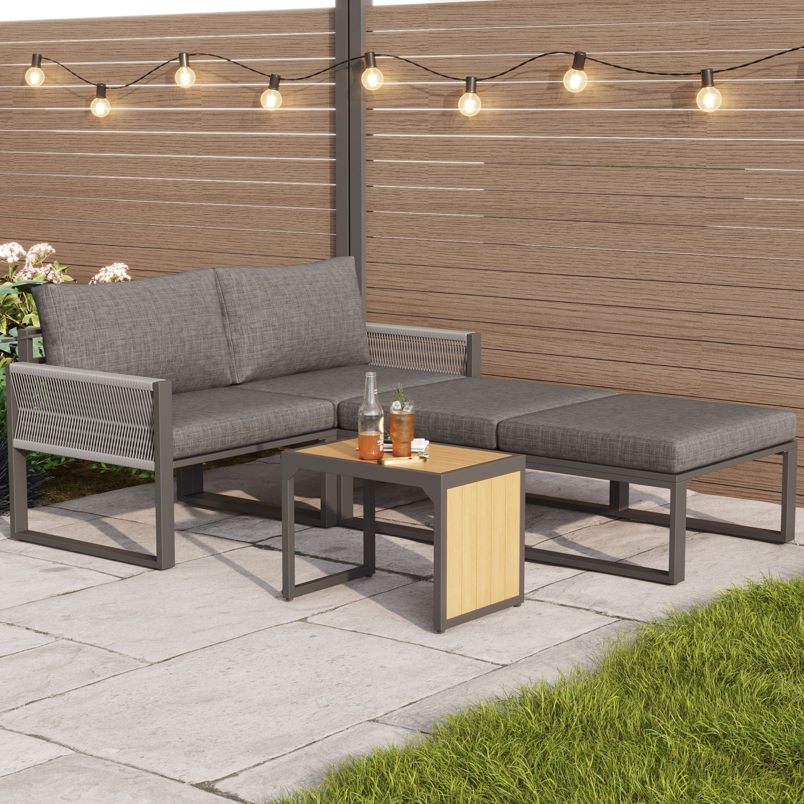2-4 Seater Modular Garden Furniture Set Corner Sofa and Plastic Wood Table