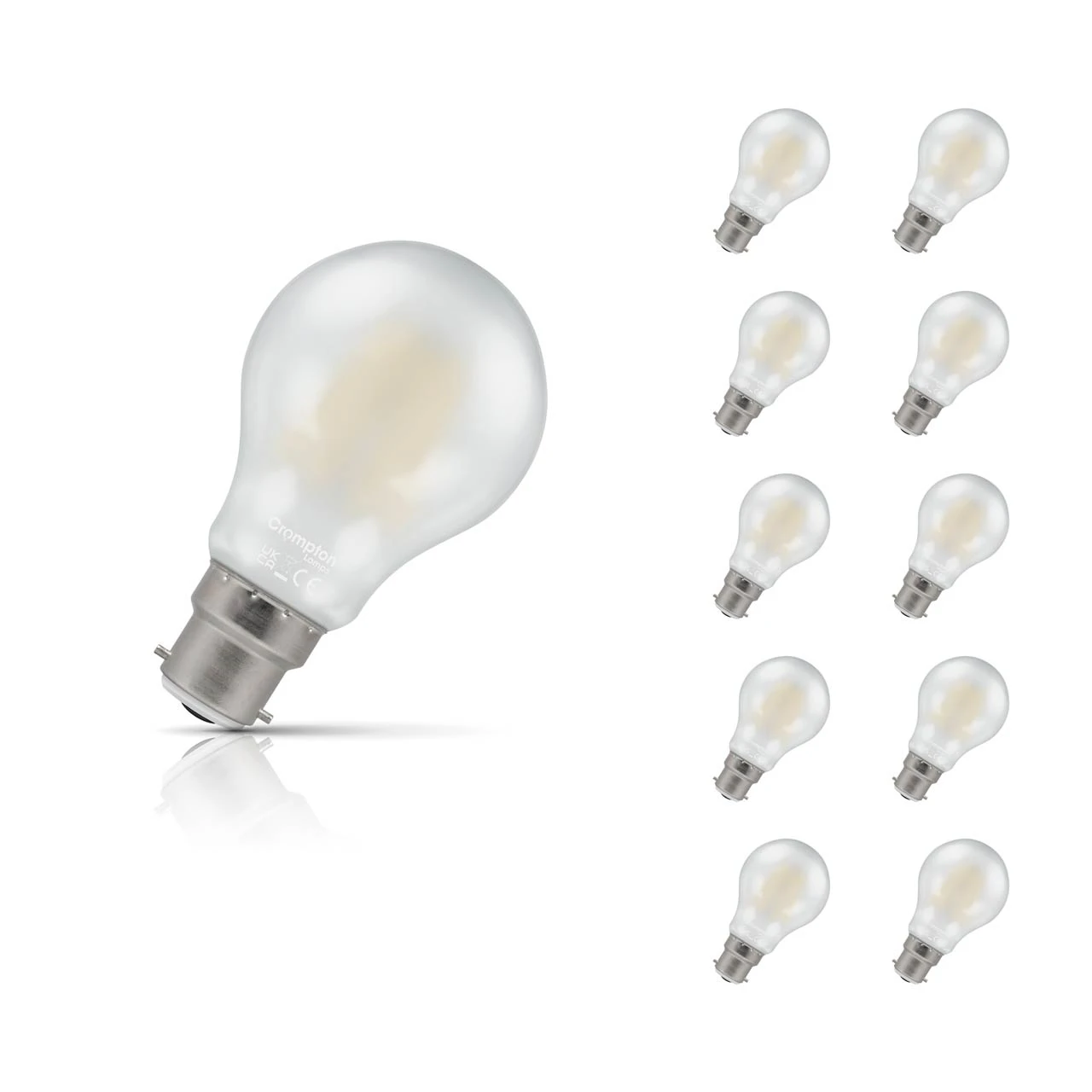 Crompton Lamps 10-Pack Crompton GLS LED Light Bulbs B22 7W (60W Eqv) Dim Warm White Pearl Filament Bayonet Frosted