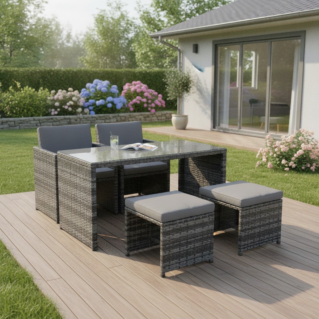 Panana 5-Piece Rattan Garden Dining Set 4 Seater Outdoor Patio Furniture Grey