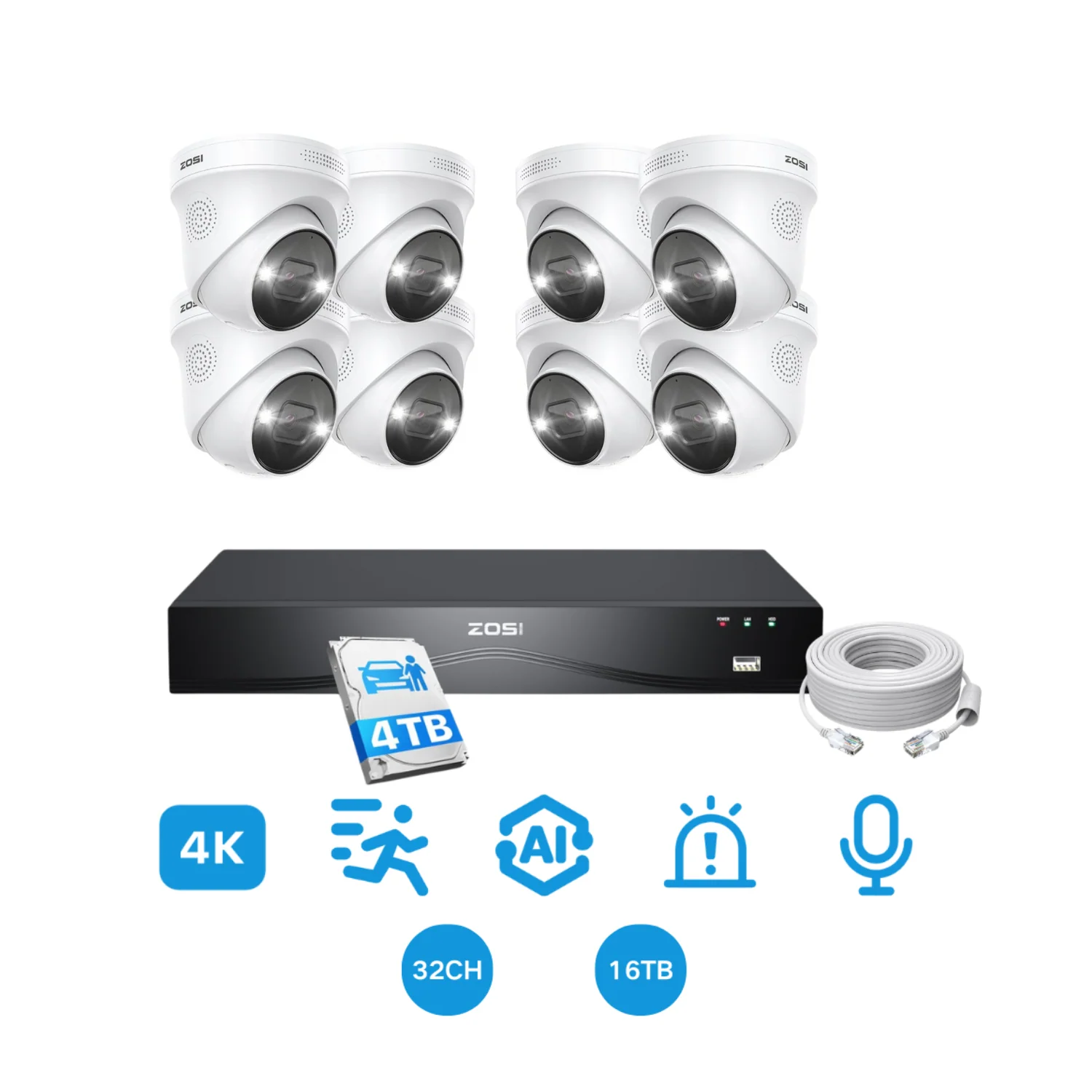 ZOSI UK Store C225 4K 16 Channel PoE Security Camera System + Optional 2-Bay PoE NVR + 4TB Hard Drive, 8 / Black(Support up to 16TB)