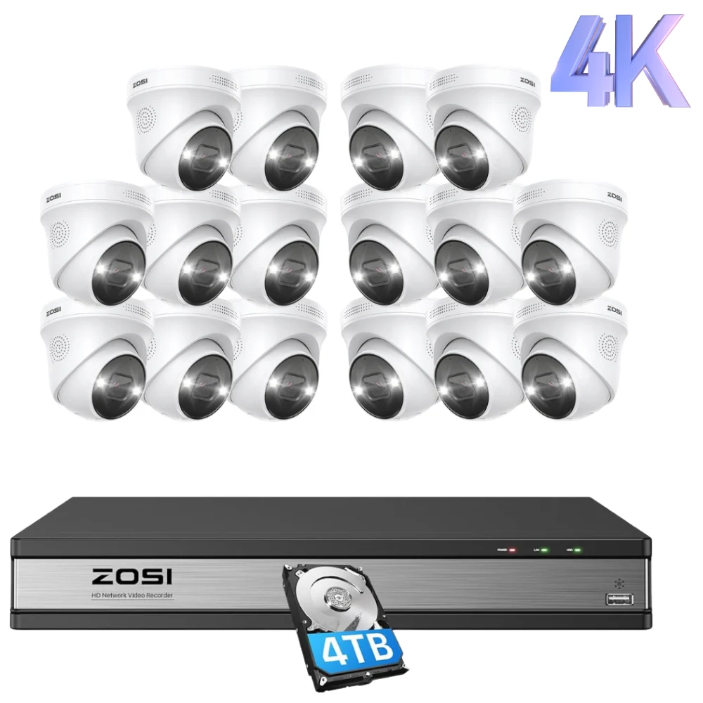 ZOSI UK Store C225 4K 16 Channel PoE Security Camera System + Optional 2-Bay PoE NVR + 4TB Hard Drive, 16 / Silver(Support up to 8TB)