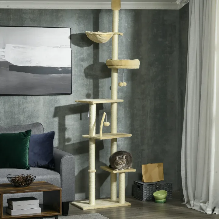 Floor to Ceiling Cat Tree for Indoor Cats, 6-Tier Play Tower Climbing Activity Center with Scratching Post, Platforms, Bed, Hammock, Adjustable Height 230-250cm