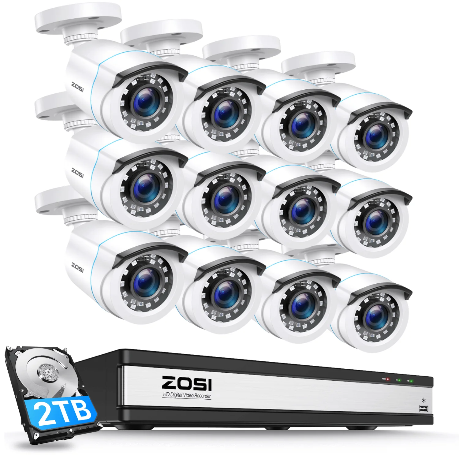 Zosi Official Store C106 1080P HD-TVI Security Camera System + 16 Channel DVR with 2TB/4TB Hard Drive, 2TB / 12 / White