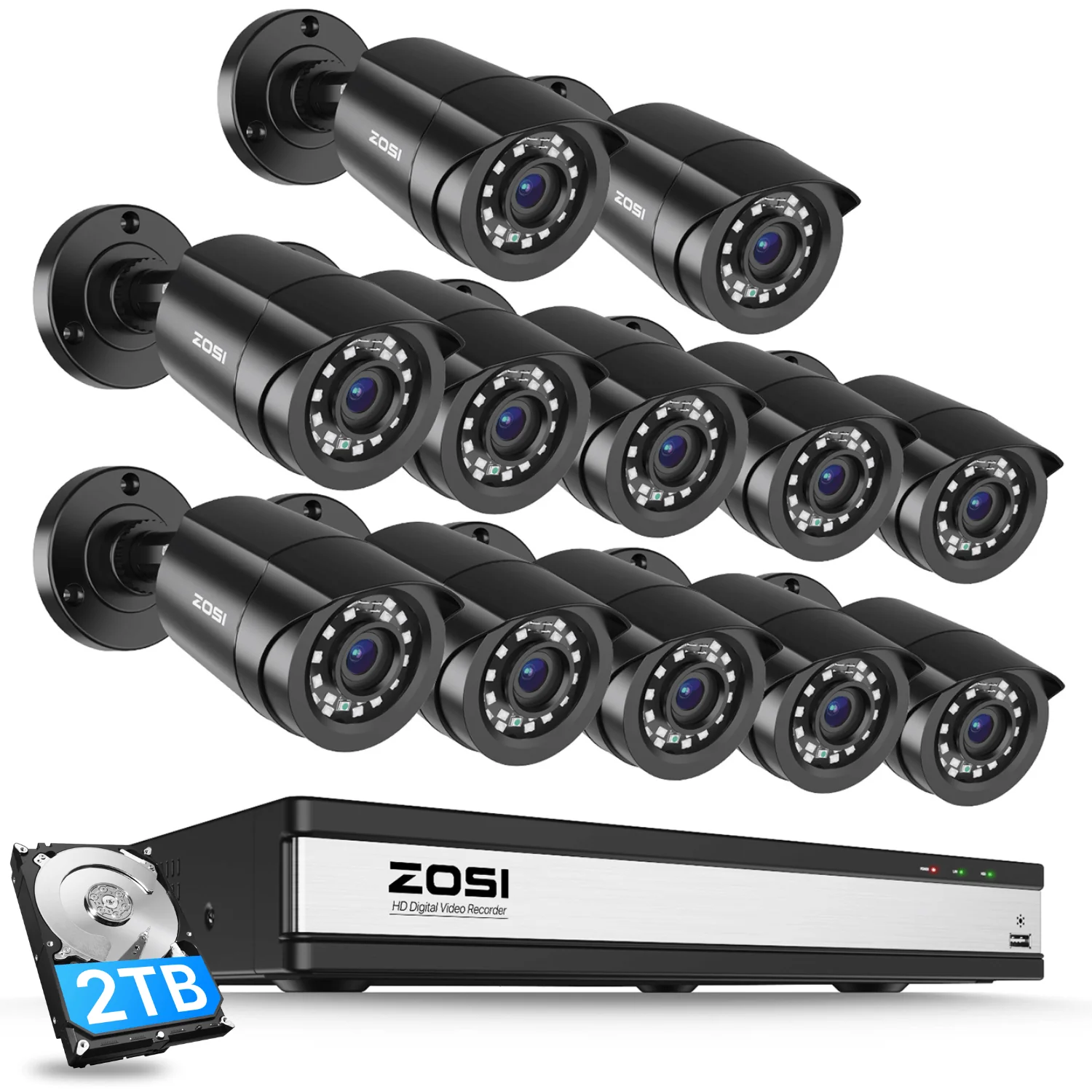 Zosi Official Store C106 1080P HD-TVI Security Camera System + 16 Channel DVR with 2TB/4TB Hard Drive, 2TB / 12 / Black
