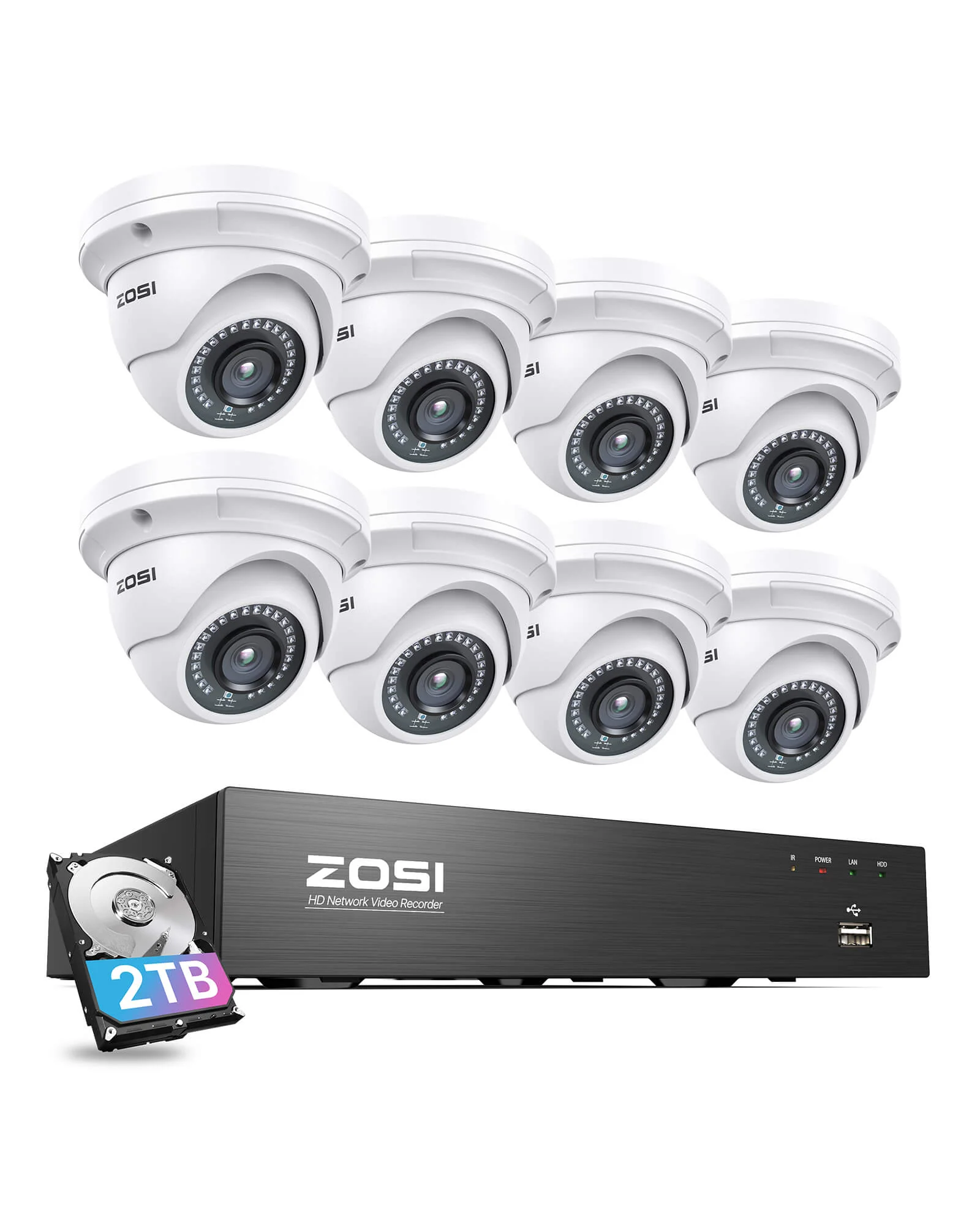 ZOSI UK Store C429 5MP CCTV Security Camera System + 4K 8CH PoE NVR, 8 / Includes 2TB hard drive