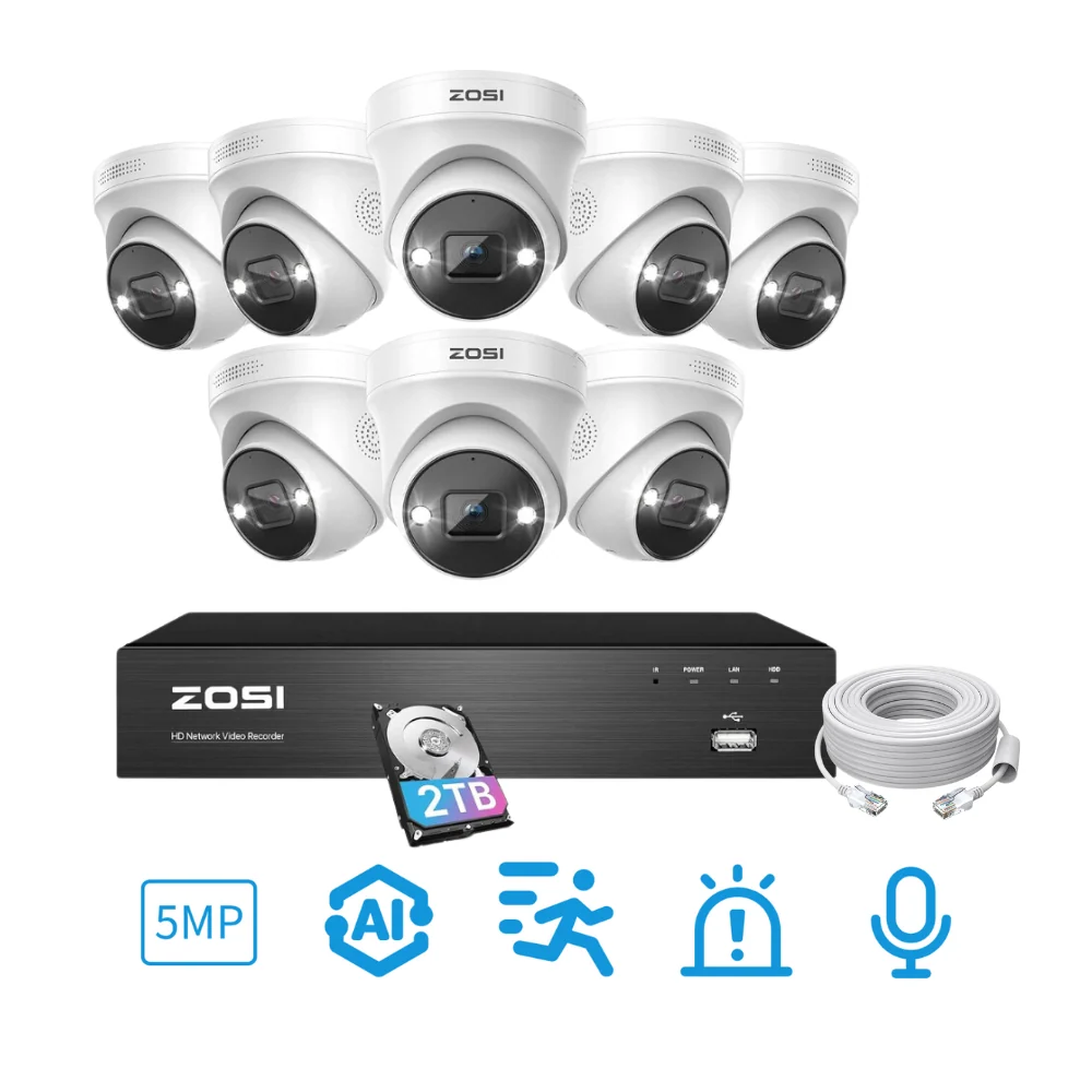 Zosi Official Store C225 5MP PoE Security Camera System + 4K 8CH PoE NVR with 2TB HDD, 2TB HDD / 8