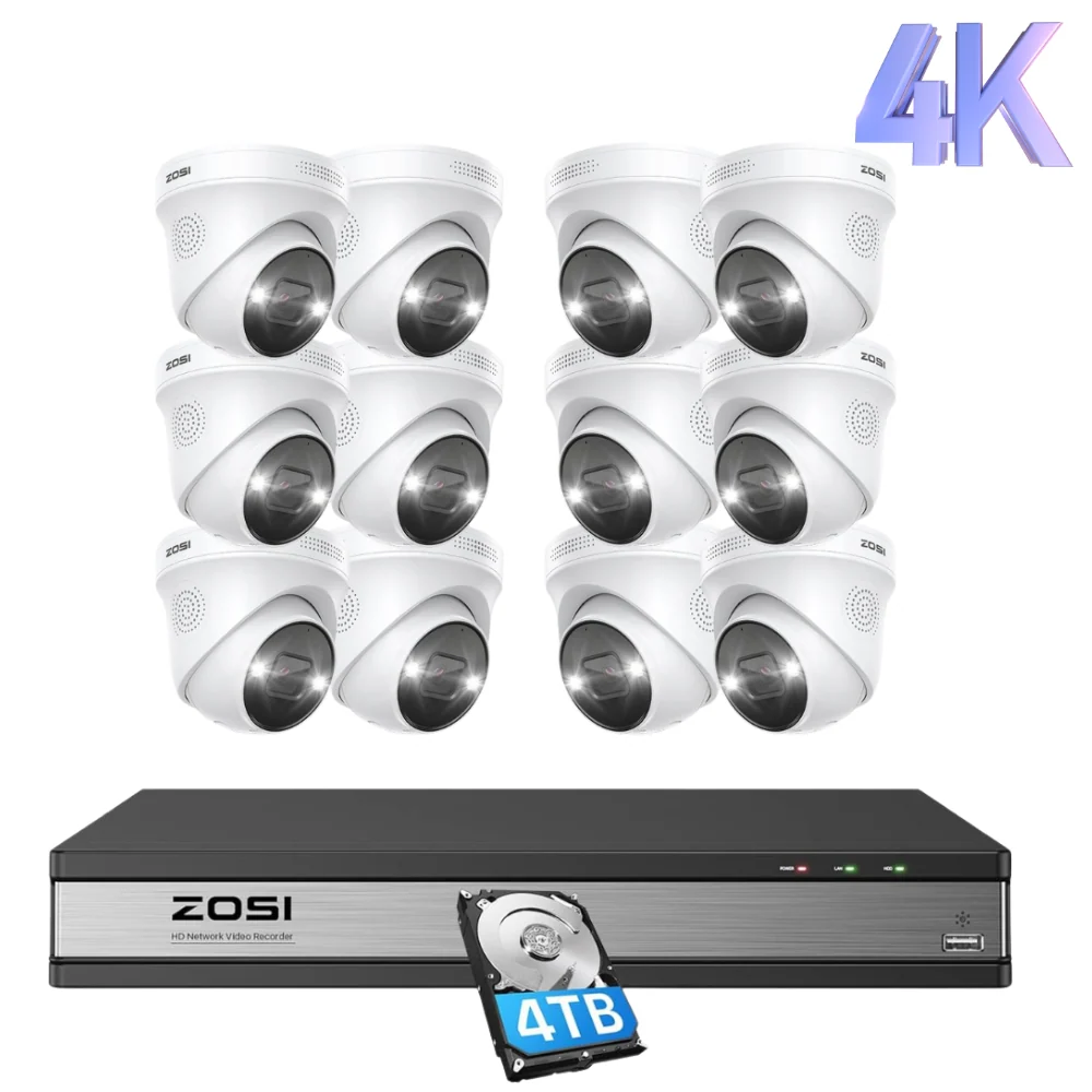 ZOSI UK Store C225 4K 16 Channel PoE Security Camera System + Optional 2-Bay PoE NVR + 4TB Hard Drive, 12 / Silver(Support up to 8TB)