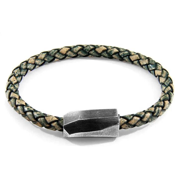 ANCHOR & CREW Petrol Green Hayling Silver and Braided Leather Bracelet