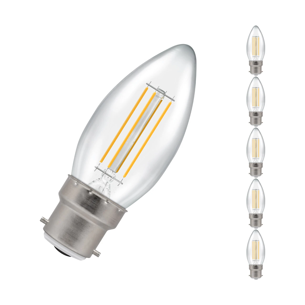 Crompton Lamps 5-Pack Crompton Candle LED Light Bulbs B22 4.2W (40W Eqv) Dim Warm White Clear Filament Bayonet