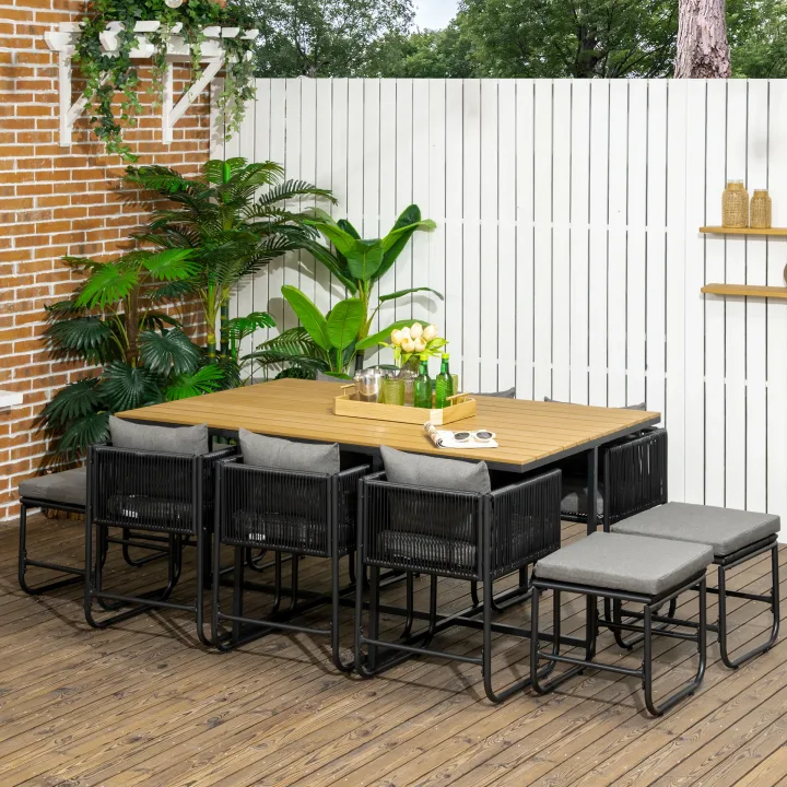 10 Seater Rattan Cube Garden Furniture Set, Rattan Dining Set with Cushions, Outdoor Dining Table and Chairs with 6 Armchairs, 4 Stools, Rectangular Wood Grain Plastic Top Table
