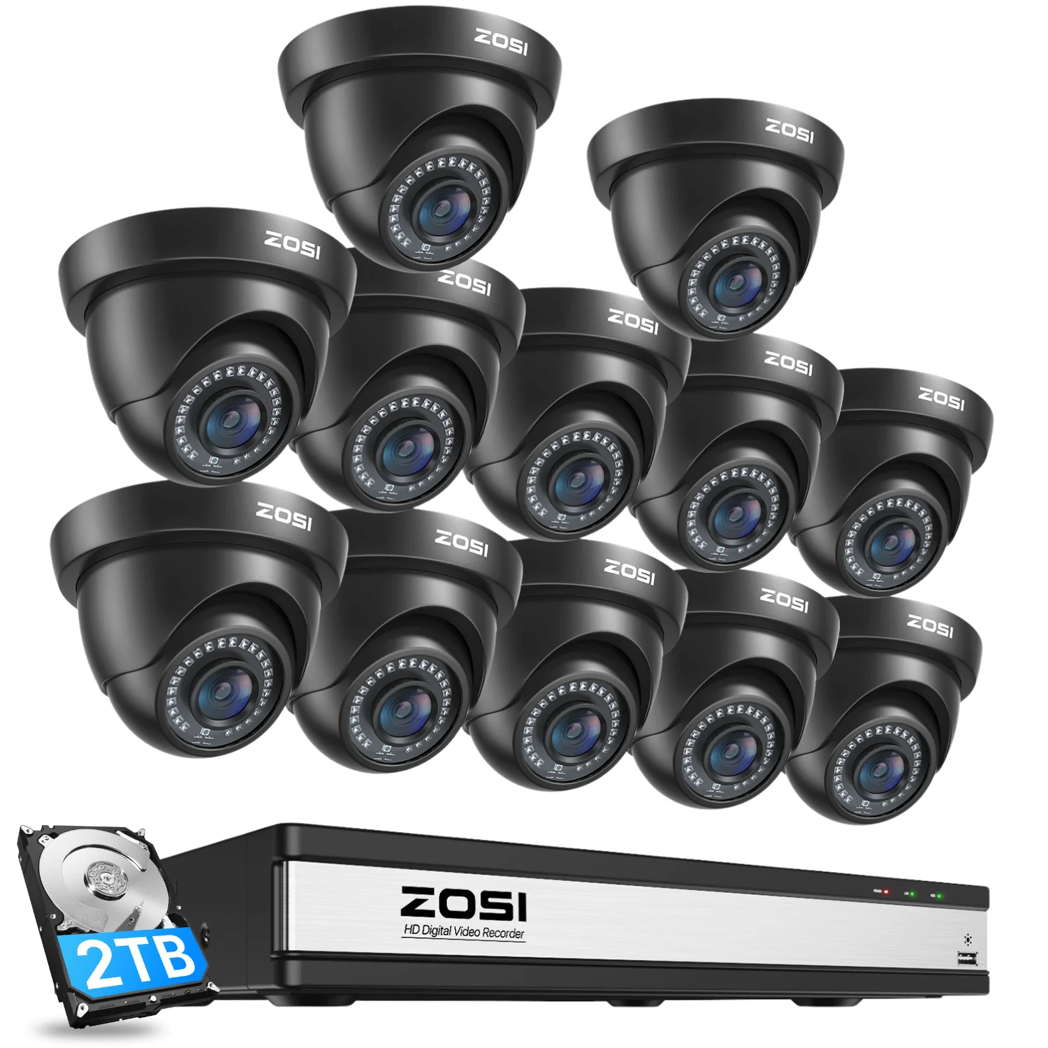 Zosi Official Store C419 1080P HD-TVI Security Camera System + 16 Channel DVR with 2TB/4TB Hard Drive, 2TB / 12 / Black