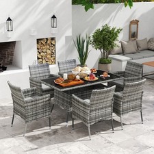 7-Piece Rattan Garden Furniture Set with Cushions, 6 Seater Garden Table and