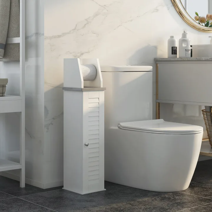 Slim Bathroom Floor Cabinet with Cupboard, Roll Holder and Adjustable Shelf, Toilet Roll Storage Unit for Toilet Paper, Shampoo