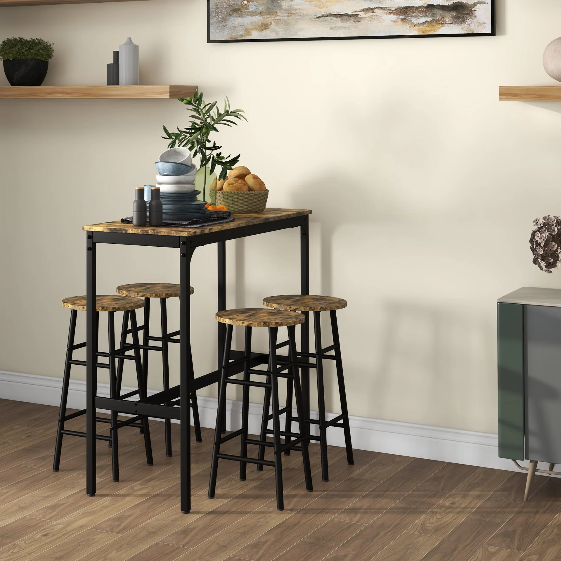 5 Piece Bar Table Set with 4 Stools, Industrial Bar Table and Stool Set, Dining Table and Chair Set, Rustic Brown